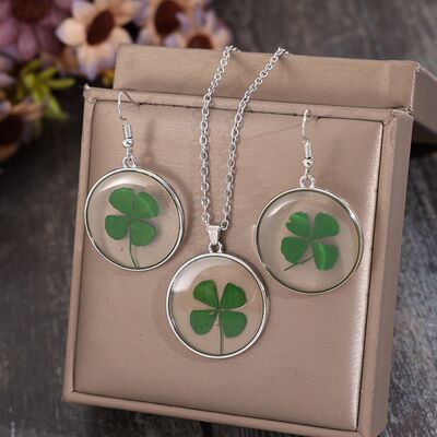 Lucky Clover Alloy Acrylic Earrings and Necklace Jewelry Set - Image 4