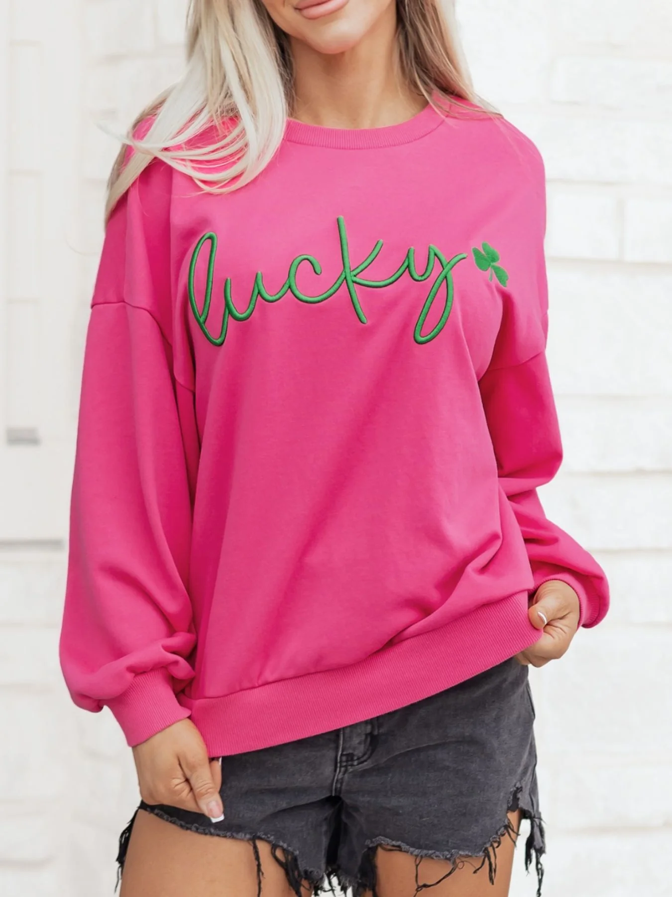 Lucky Clover Embroidered Loose Pullover Sweatshirt - Image 2