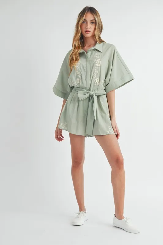 MABLE Embroidered Button Down Collared Neck Romper - Image 8