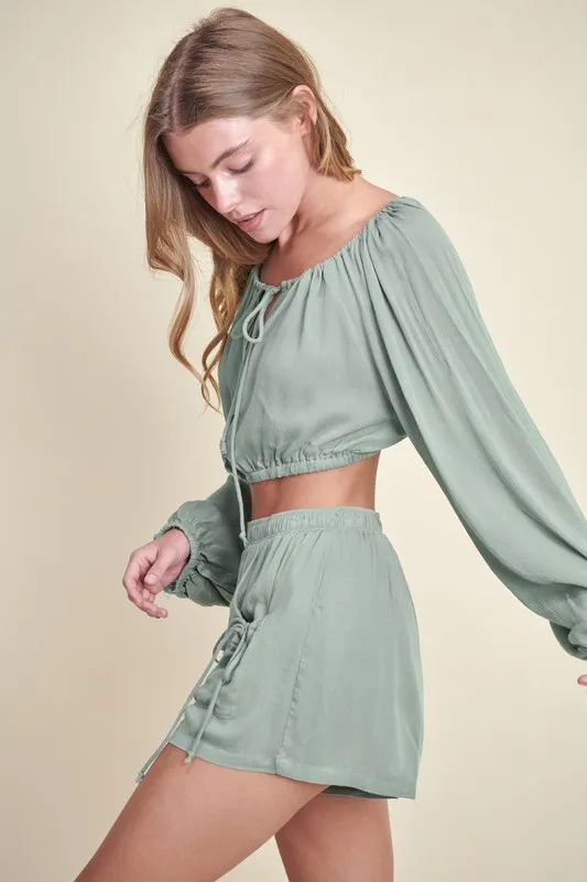 MABLE Gauze Long Sleeve Button Crop Top and Short Set - Image 2