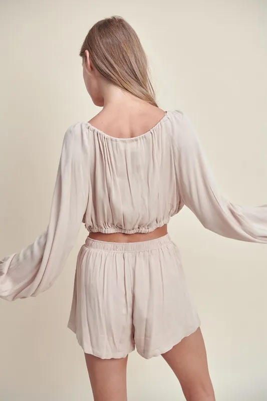 MABLE Gauze Long Sleeve Button Crop Top and Short Set - Image 2