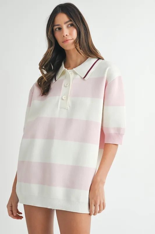 MABLE Oversized Stripe Polo Collar Sweater - Image 2