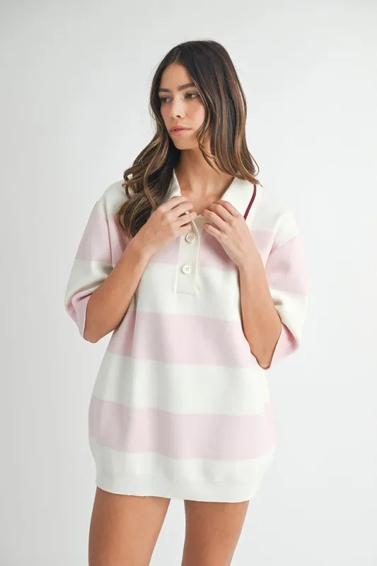 MABLE Oversized Stripe Polo Collar Sweater - Image 3