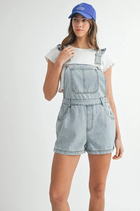 MABLE Square Neck Ruffle Shoulder Denim Overall Romper - Image 4