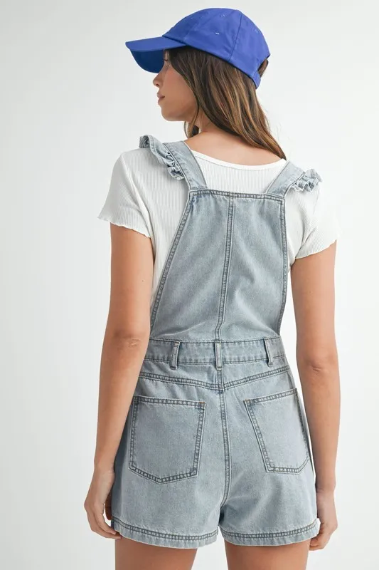 MABLE Square Neck Ruffle Shoulder Denim Overall Romper - Image 6