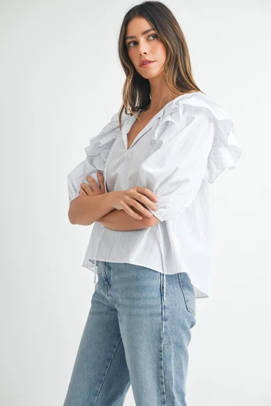 MABLE Stripe Ruffle Shoulder Puff Sleeve Blouse - Image 4