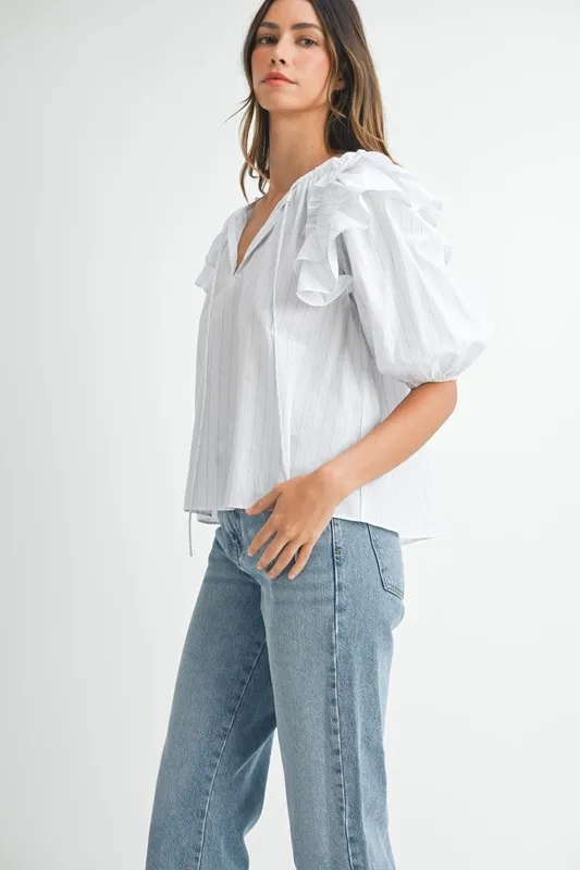 MABLE Stripe Ruffle Shoulder Puff Sleeve Blouse - Image 6