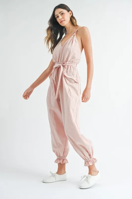 MABLE Washed Fabric Spaghetti Strap Waist Belted Jumpsuit - Image 6