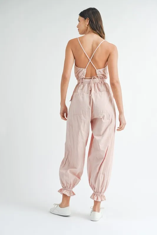 MABLE Washed Fabric Spaghetti Strap Waist Belted Jumpsuit - Image 7
