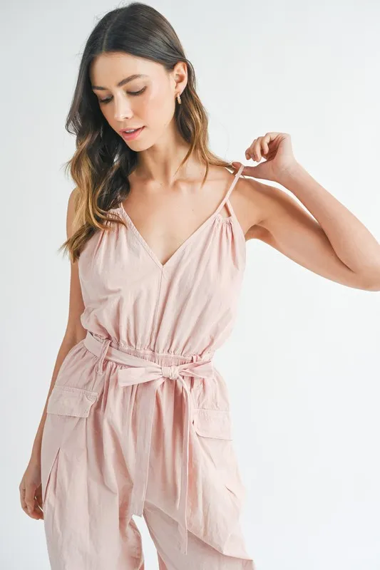 MABLE Washed Fabric Spaghetti Strap Waist Belted Jumpsuit - Image 9