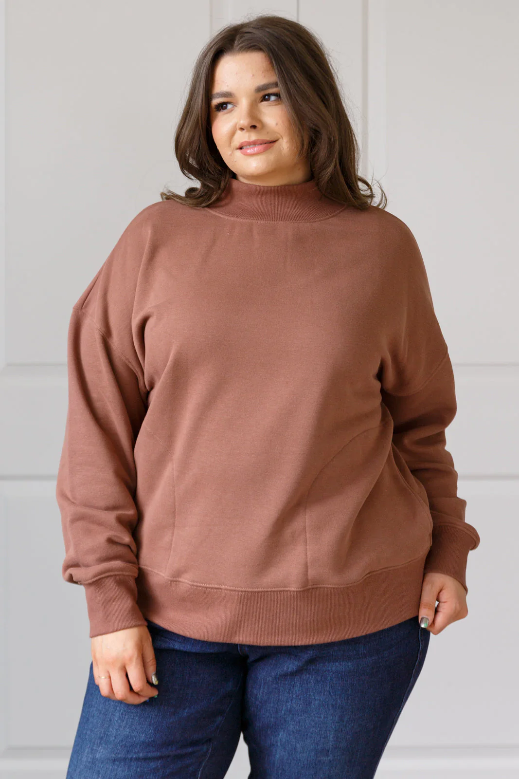 Make No Mistake Mock Neck Pullover in Cocoa - Image 2