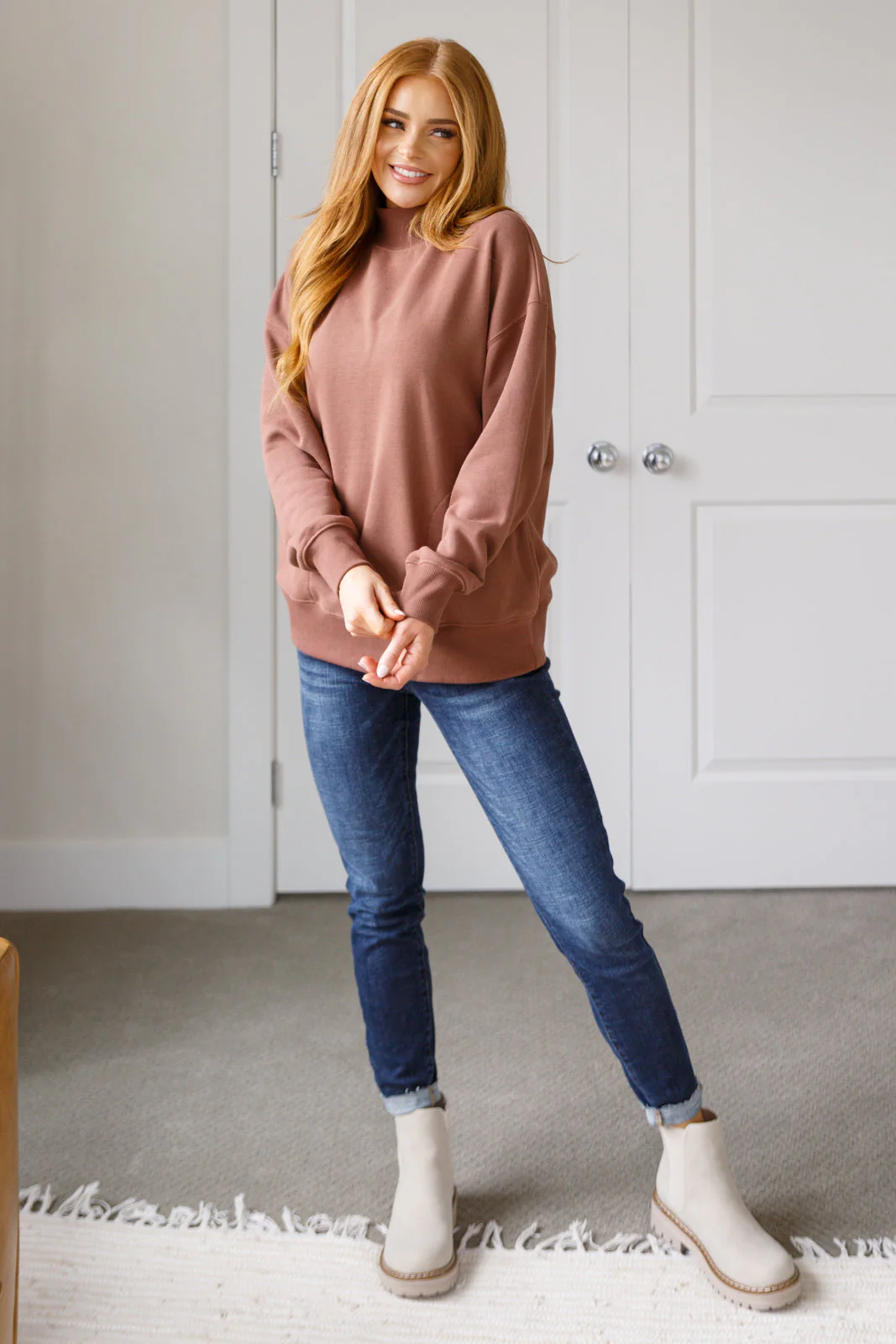 Make No Mistake Mock Neck Pullover in Cocoa - Image 4