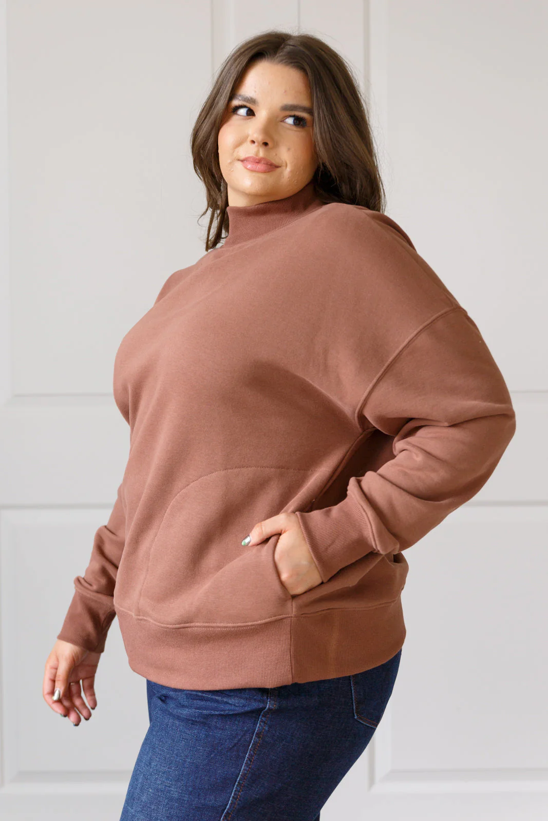 Make No Mistake Mock Neck Pullover in Cocoa - Image 6