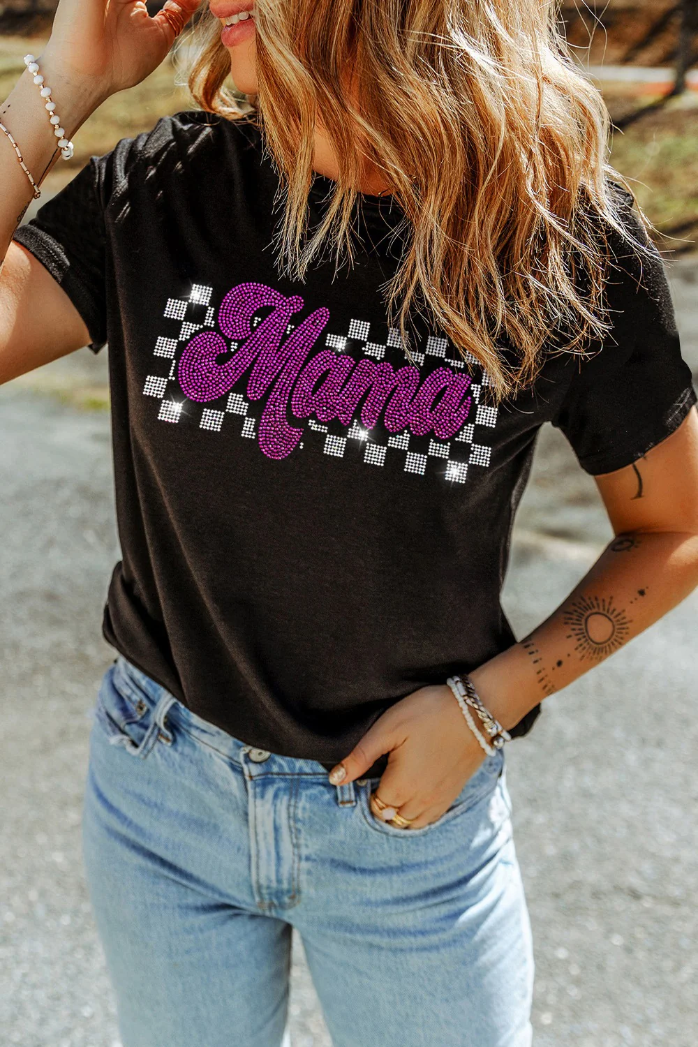 MAMA Rhinestone Letter Round Neck T-Shirt - Image 3