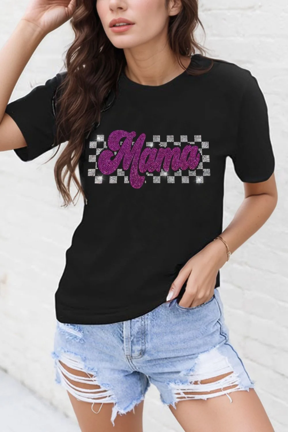 MAMA Rhinestone Letter Round Neck T-Shirt - Image 5