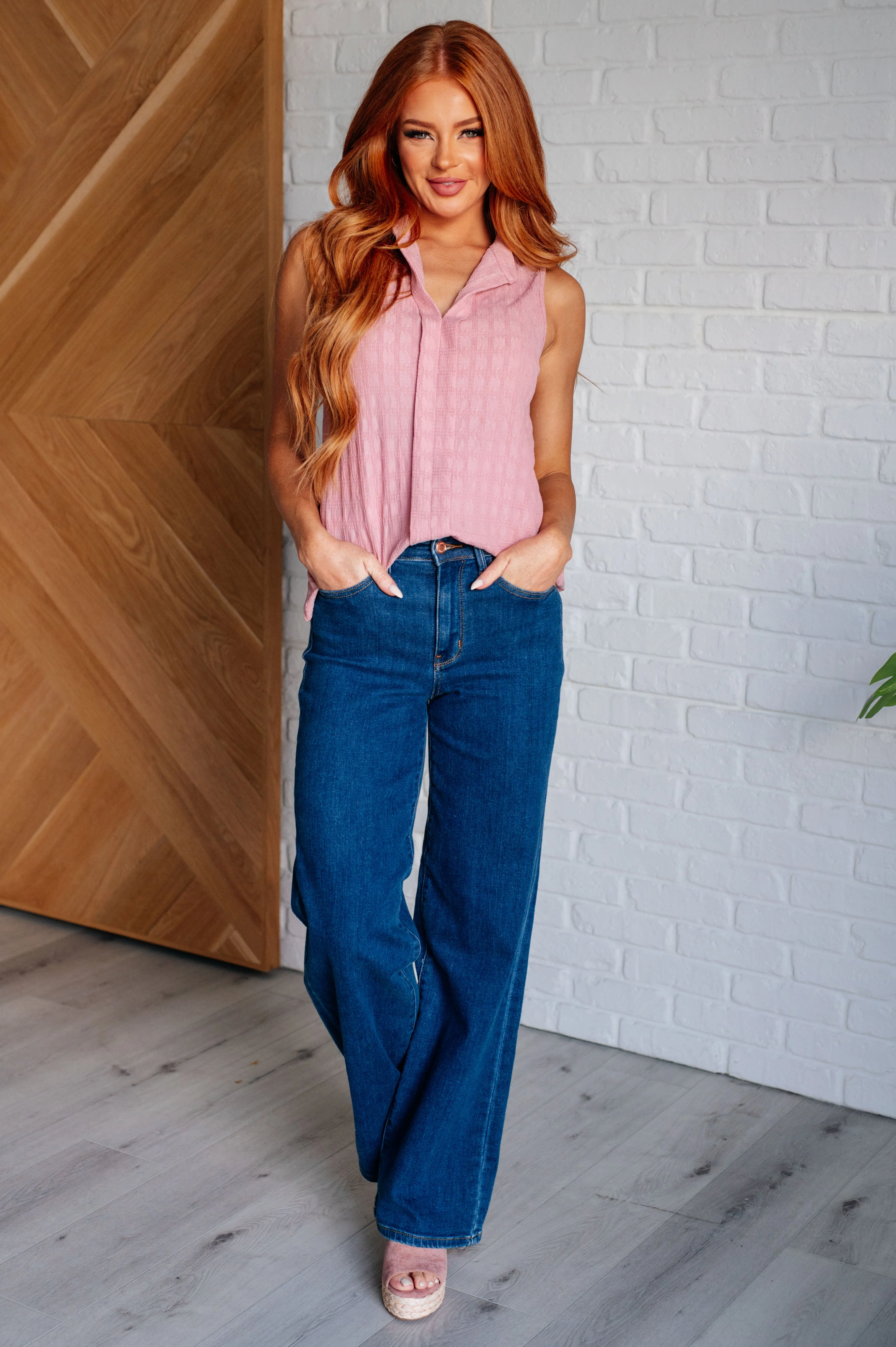 Matter of Fact Pleat Front Sleeveless Blouse in Pink - Image 3