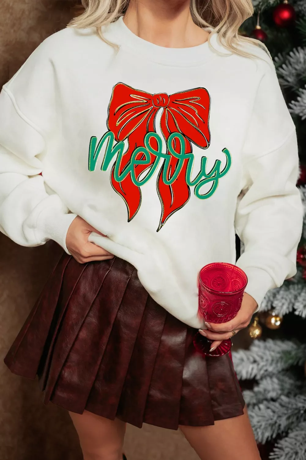 Merry Bow Graphic Drop Shoulder Loose Christmas Sweatshirt - Image 2