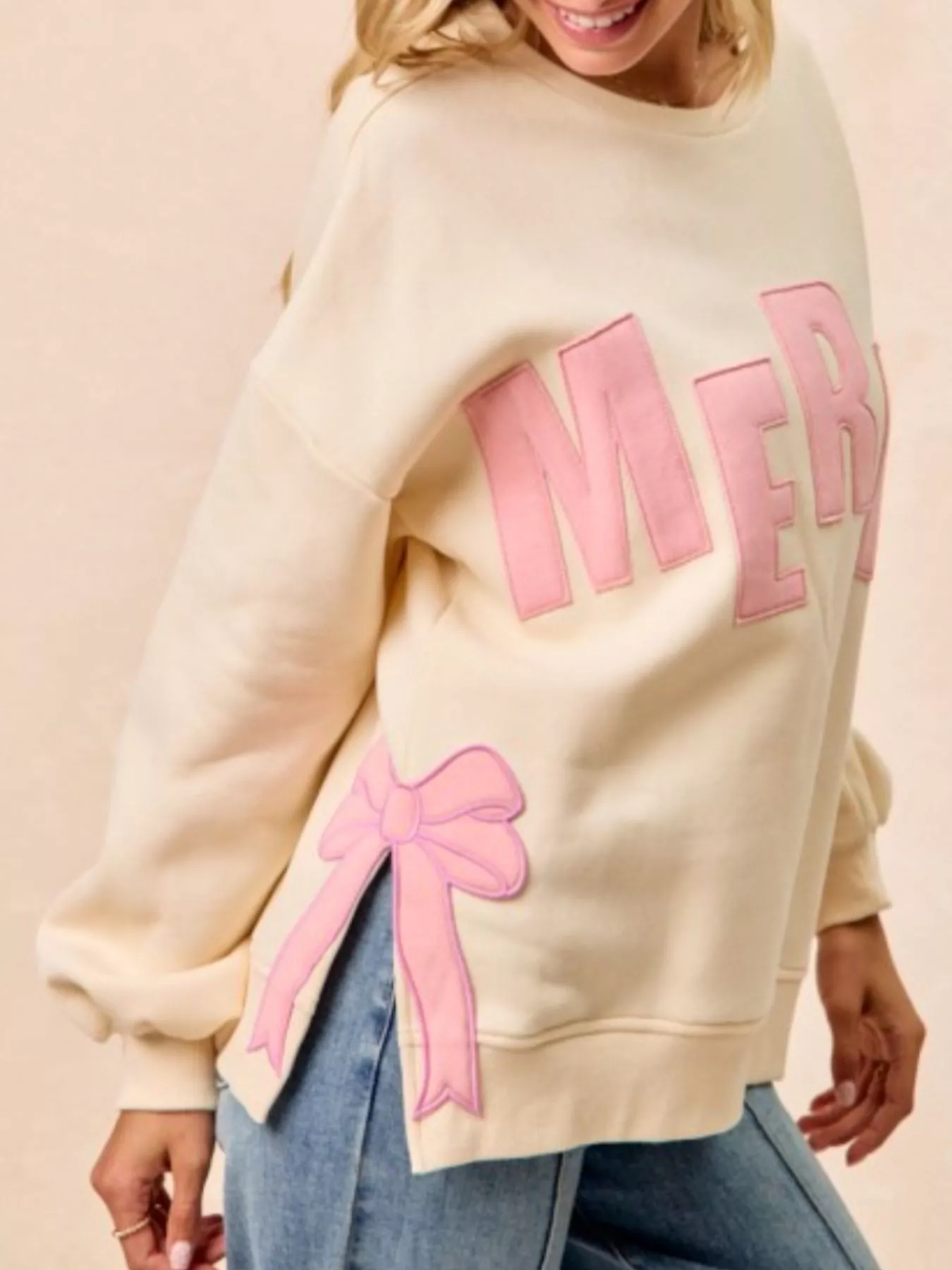 MERRY Bow Slit Crew Neck Christmas Sweatshirt - Image 24