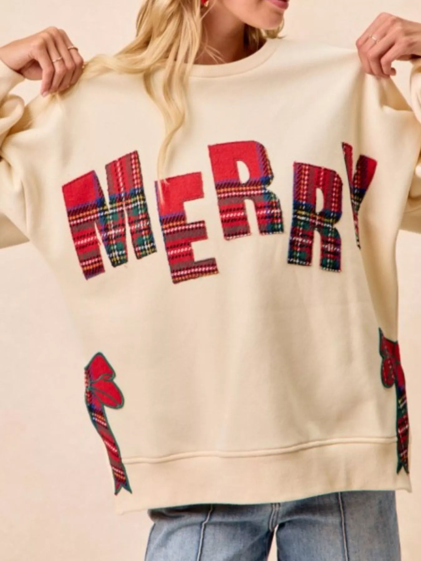 MERRY Bow Slit Crew Neck Christmas Sweatshirt - Image 3