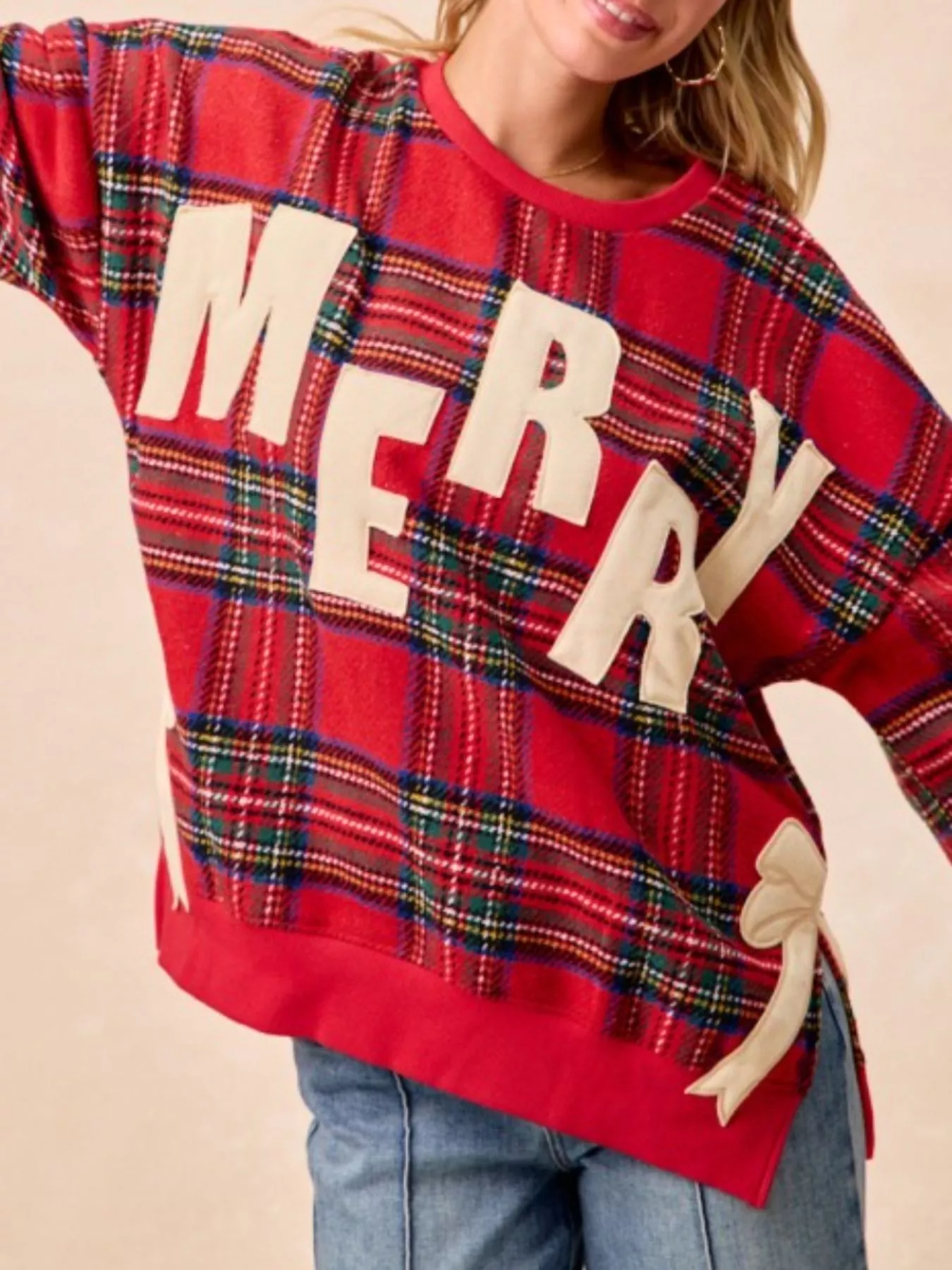 MERRY Bow Slit Crew Neck Christmas Sweatshirt - Image 9