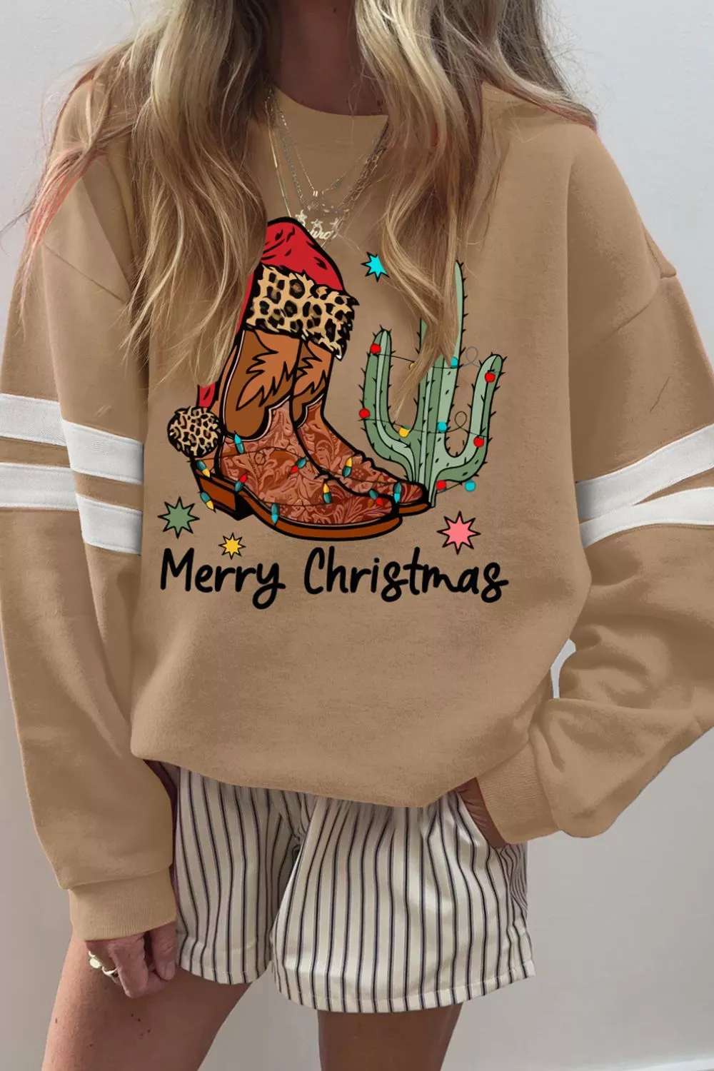 Merry Christmas Cowboy Boot Cactus Casual Sweatshirt - Image 3