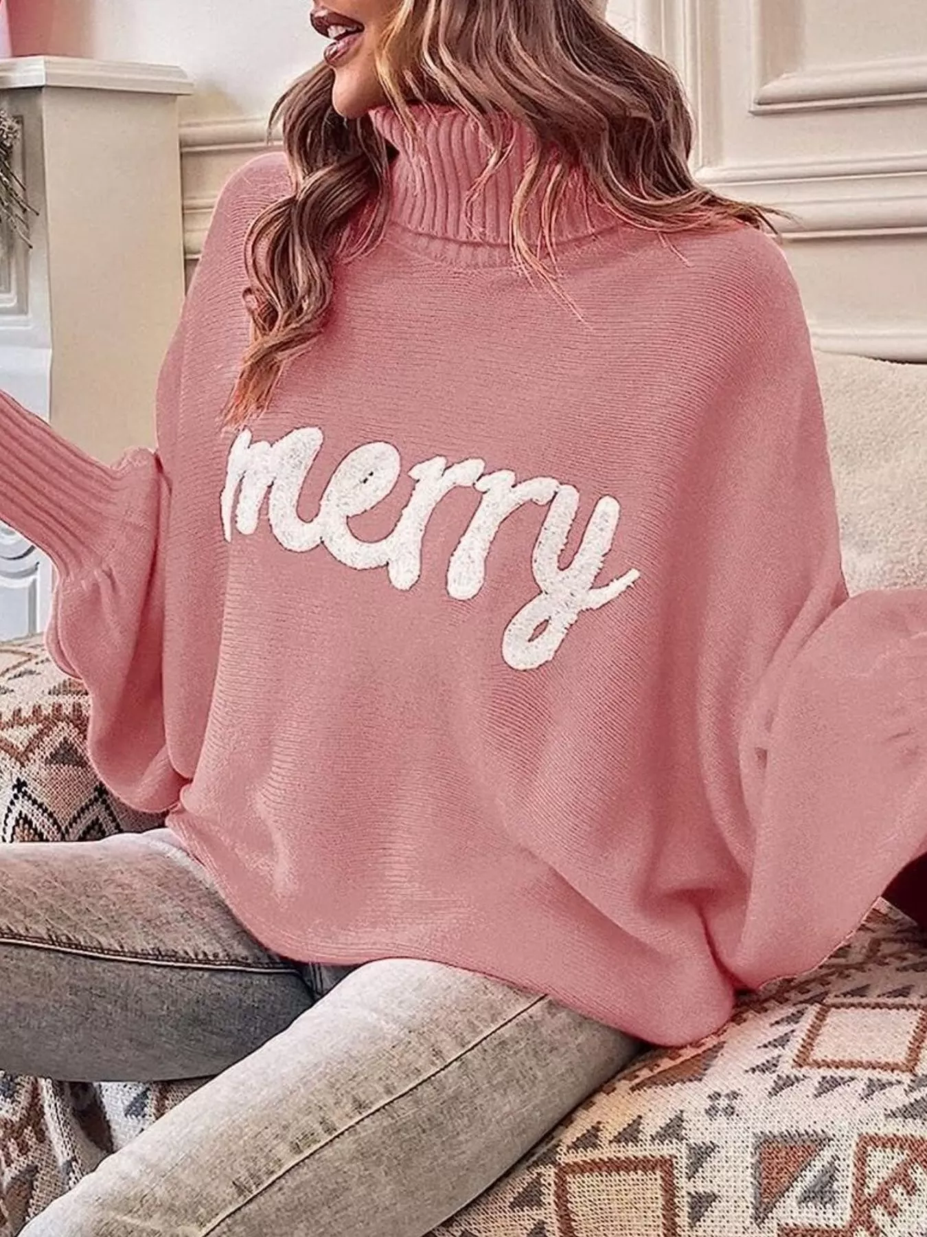 Merry Turtleneck Long Sleeve Christmas Sweater - Image 10