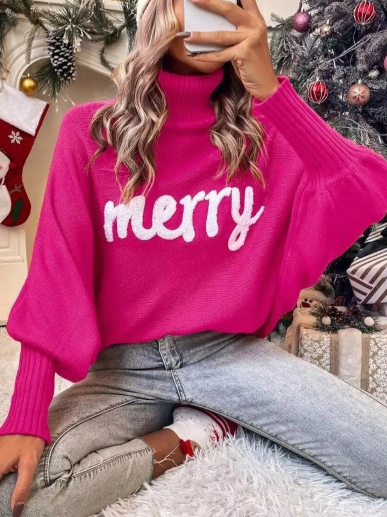 Merry Turtleneck Long Sleeve Christmas Sweater - Image 14