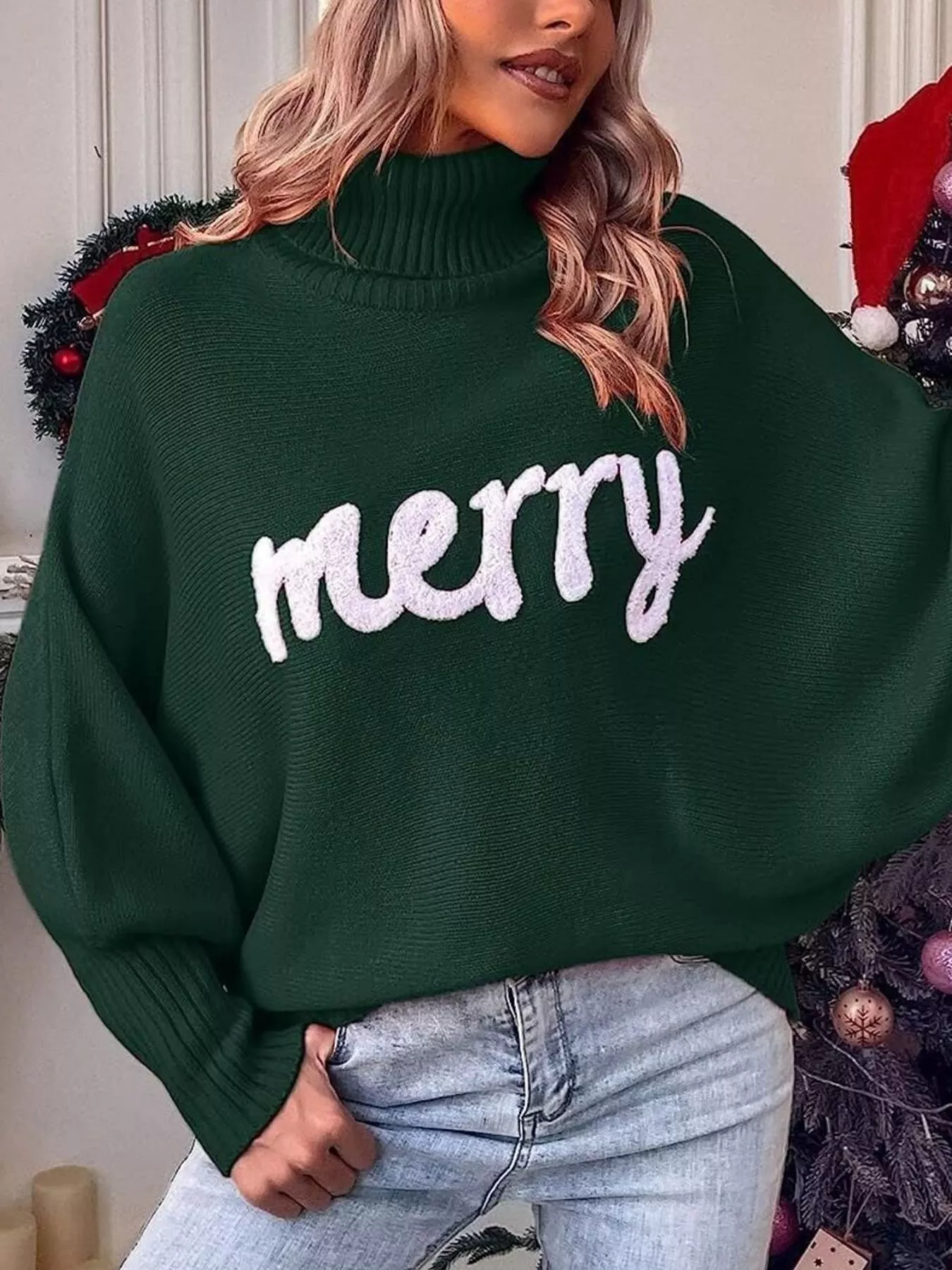 Merry Turtleneck Long Sleeve Christmas Sweater - Image 6