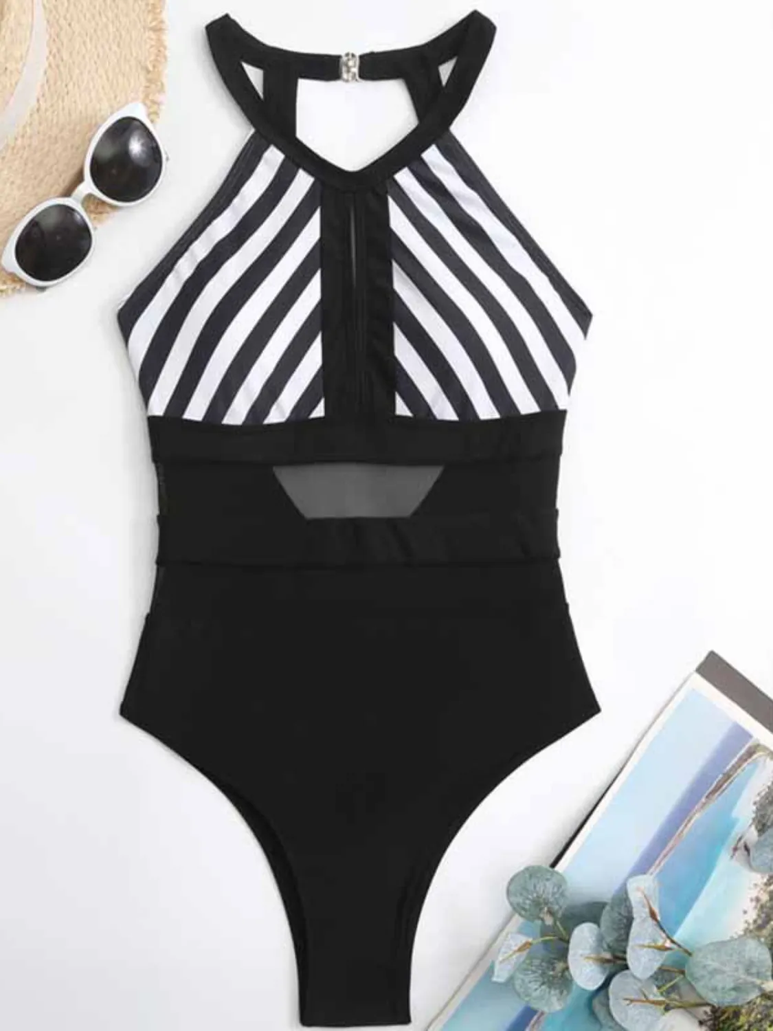 Mesh Detail Backless Striped One-Piece Swimsuit - Image 11