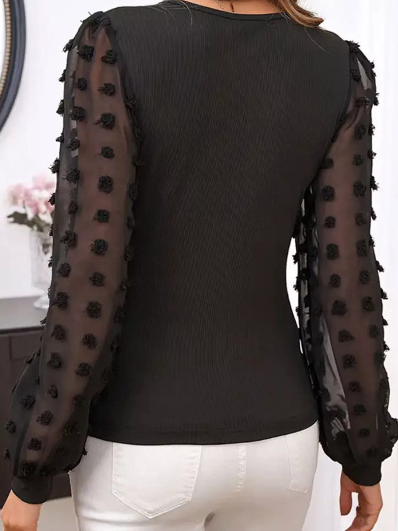 Mesh Sleeve Ribbed V-Neck Top - Image 2