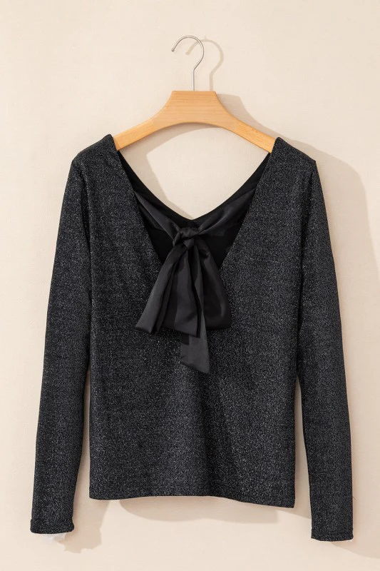 Metallic Satin Bow Open Back V-Neck Top - Image 7
