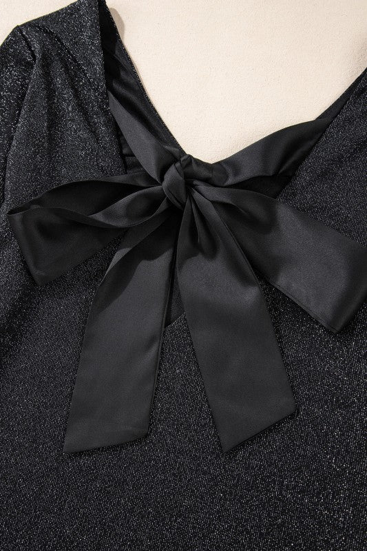 Metallic Satin Bow Open Back V-Neck Top - Image 8