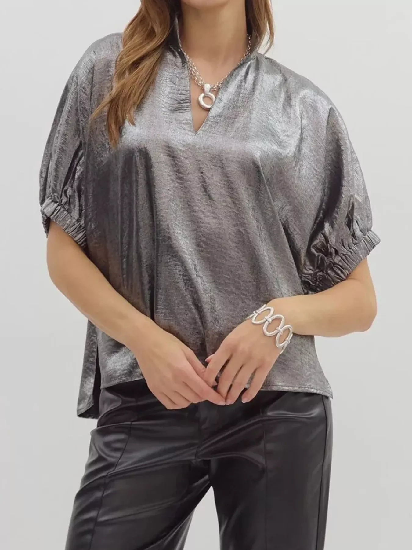 Metallic Shimmering Short Sleeve Blouse - Image 10