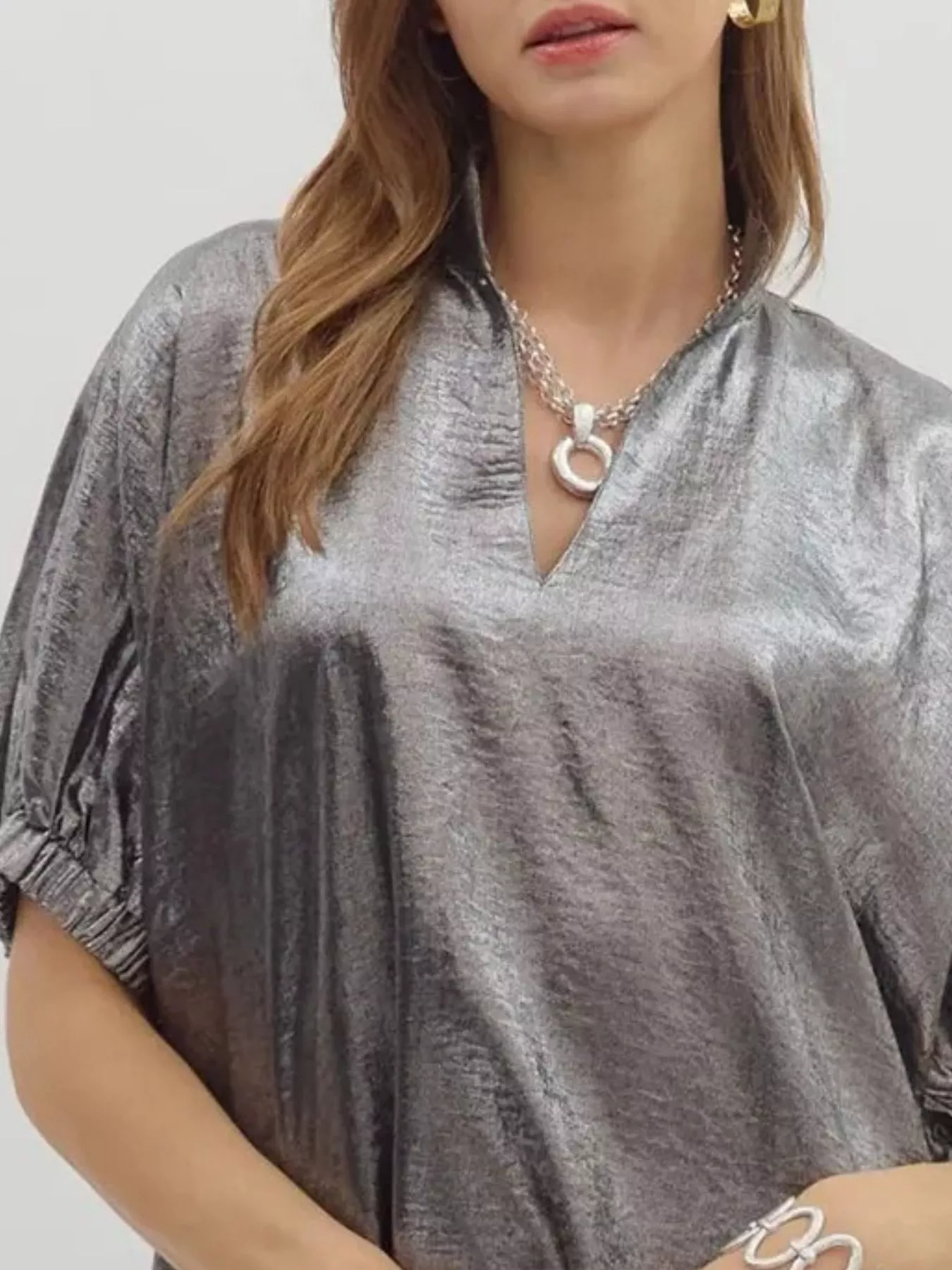 Metallic Shimmering Short Sleeve Blouse - Image 11