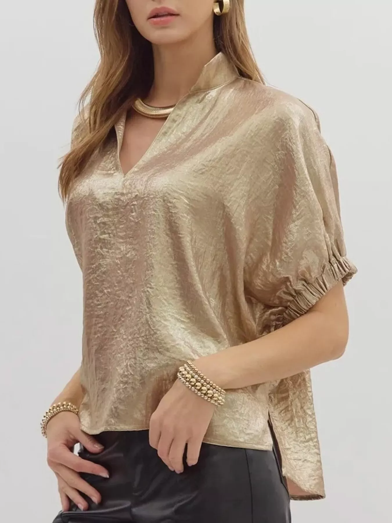Metallic Shimmering Short Sleeve Blouse - Image 2