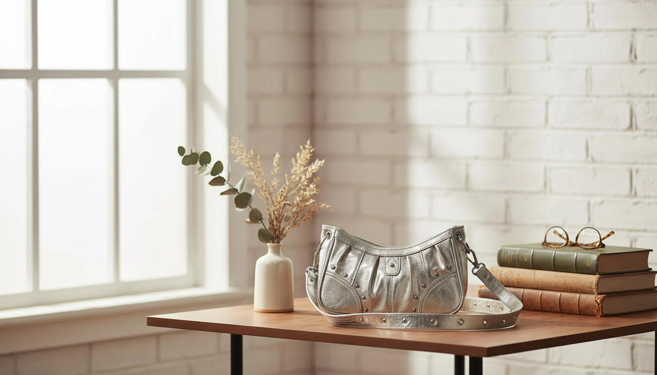 Metallic Silver Shoulder Bag with Studded Accents