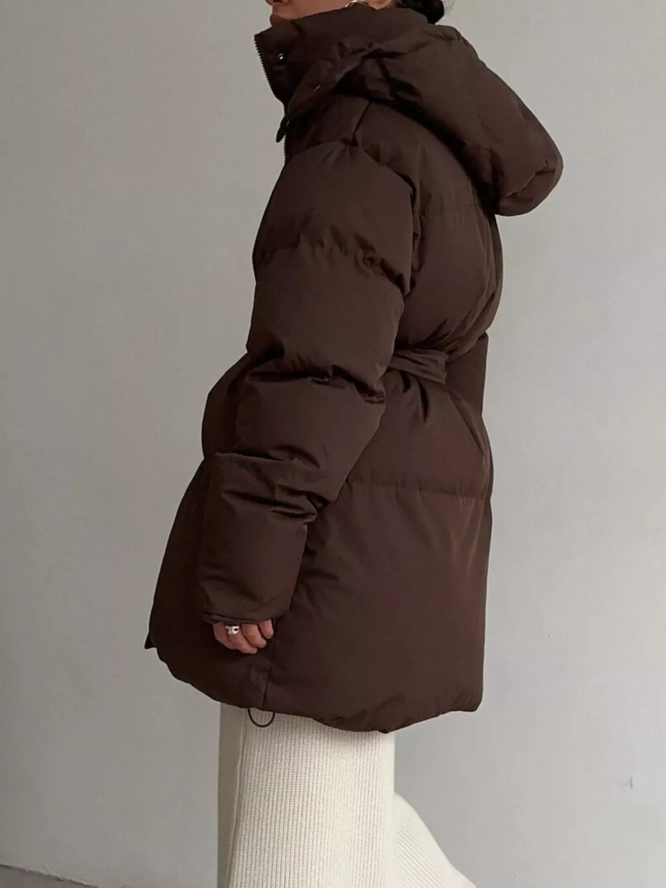 Mid-Length Thickened Hooded Winter Coat with Belted - Image 5