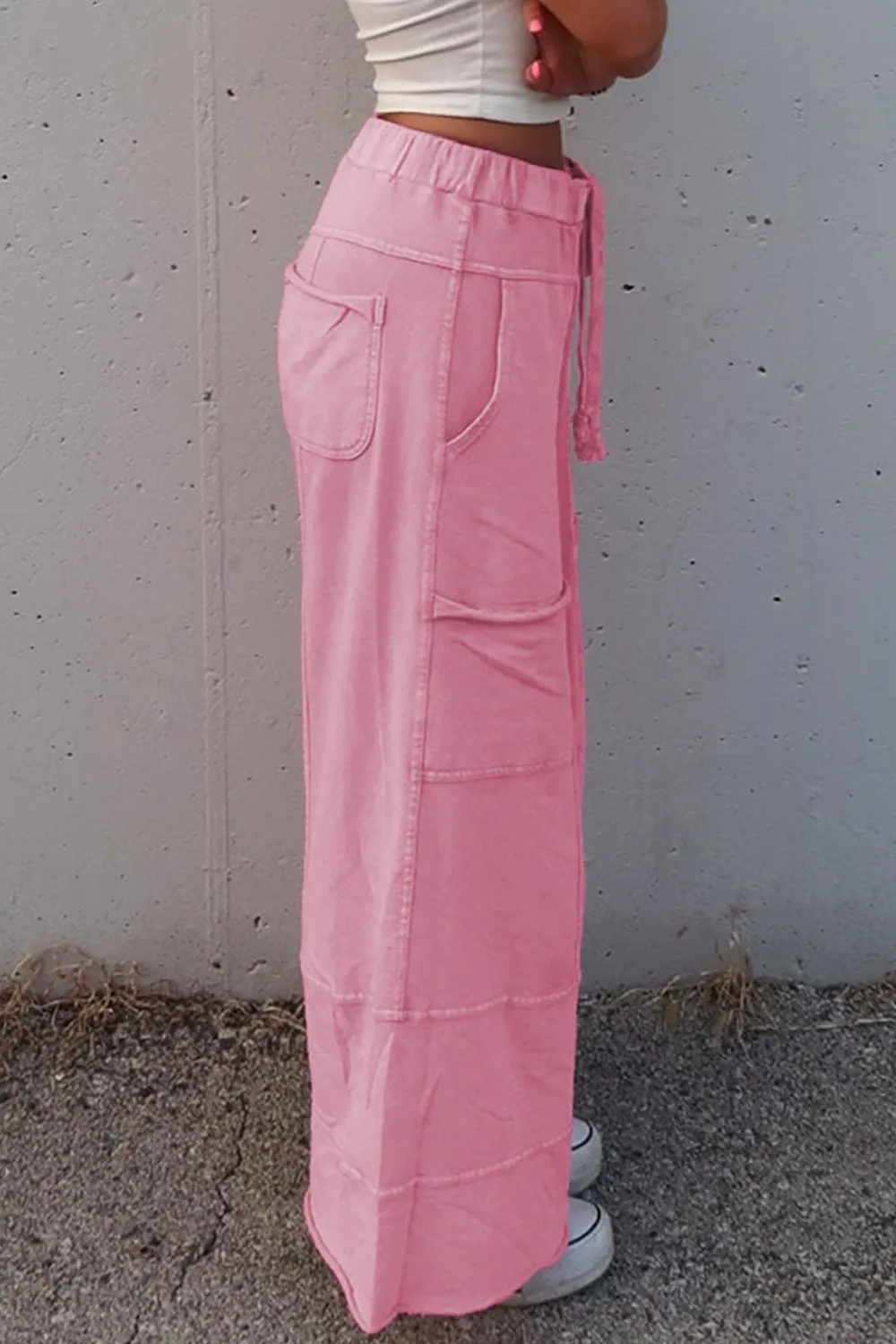 Mineral Wash Exposed Seam Drawstring High Waist Wide Leg Cargo Pants - Image 15