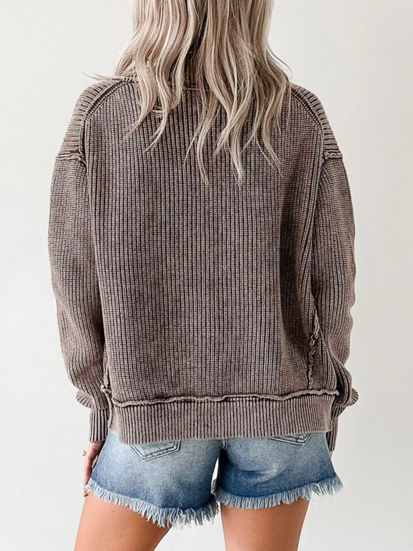 Mineral Wash Exposed Seam Patchwork Knit Open Sweater Cardigan - Image 4