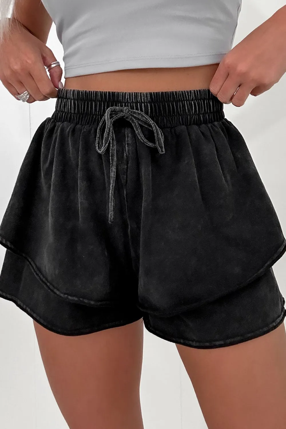 Mineral Wash French Terry High Waist Casual Shorts