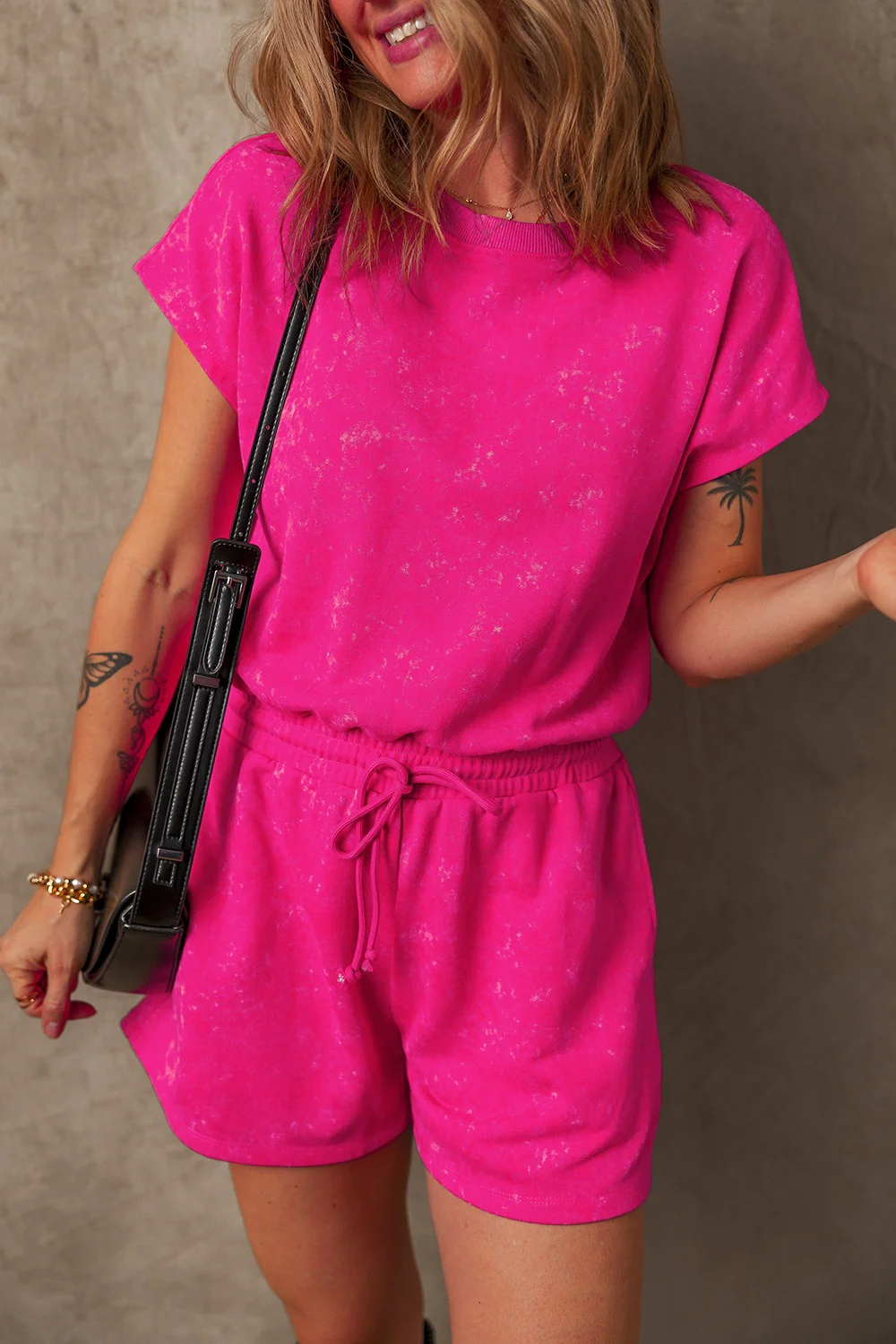 Mineral Wash Hollow Out Back Drawstring Waist Romper - Image 3