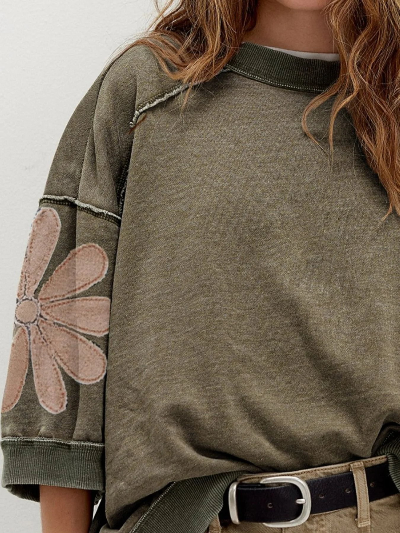 Mineral Wash Raw Seam Patchwork Flower Patched 3/4 Sleeve Loose Top - Image 3