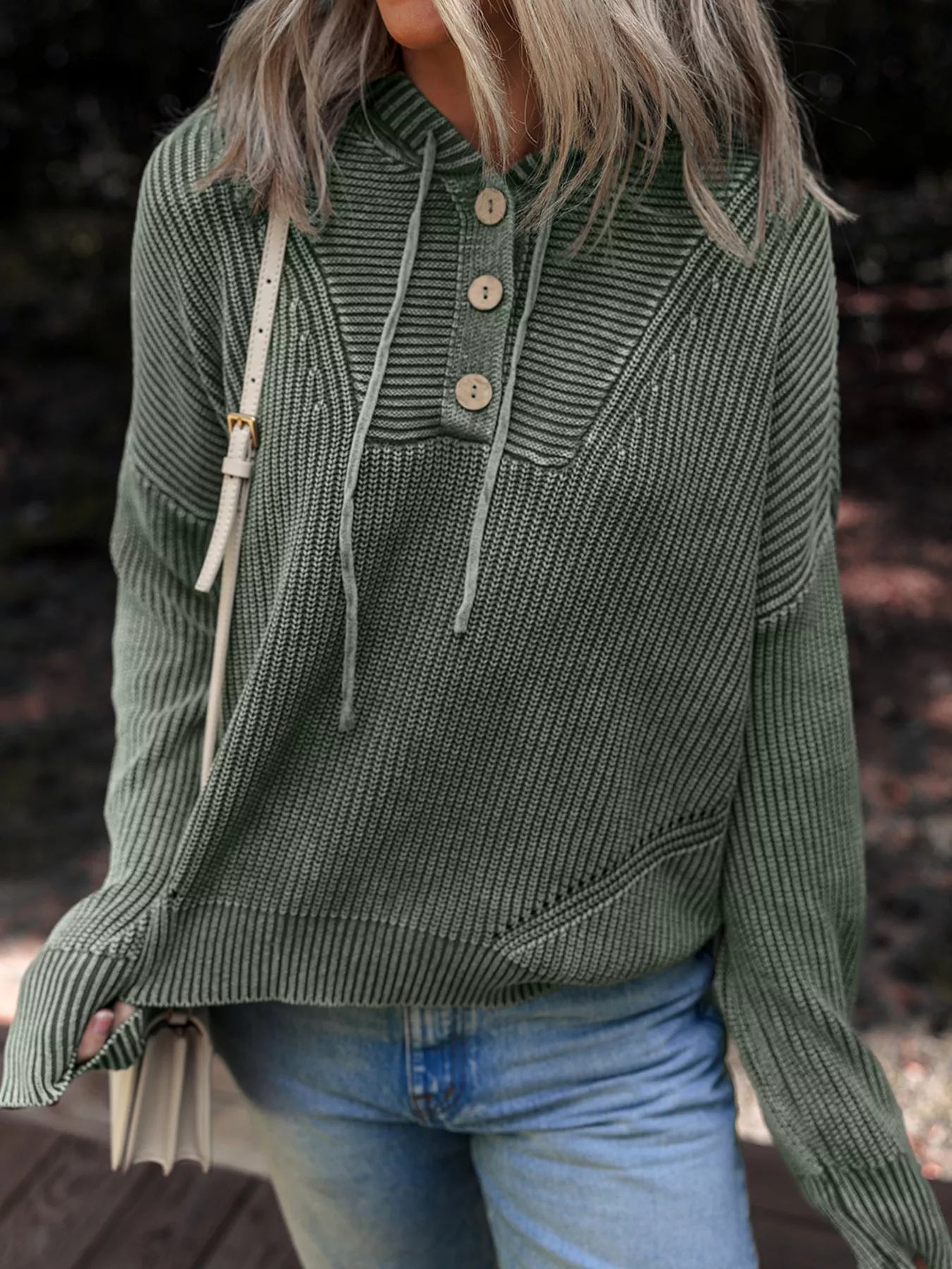 Mineral Wash Ribbed Knit Button Drawstring Neck Hooded Sweater - Image 2
