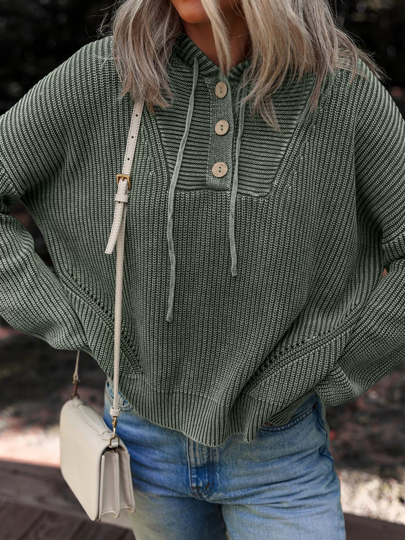 Mineral Wash Ribbed Knit Button Drawstring Neck Hooded Sweater - Image 3