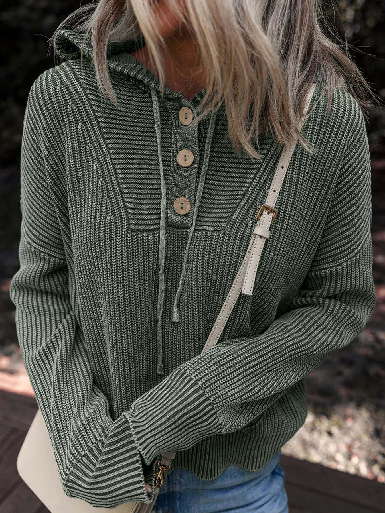 Mineral Wash Ribbed Knit Button Drawstring Neck Hooded Sweater - Image 5