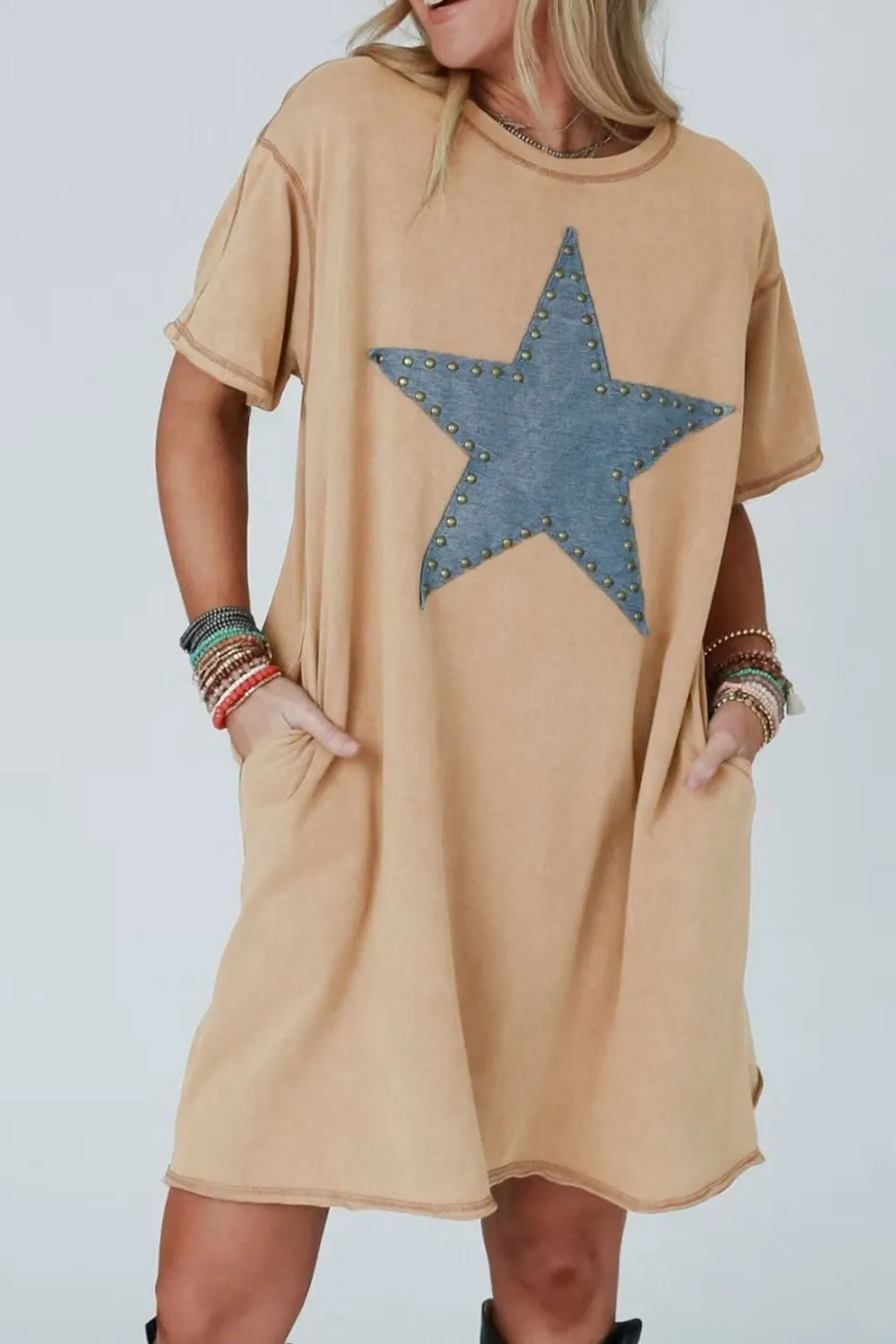 Mineral Wash Stud Beaded Star Pocketed T Shirt Dress - Image 3