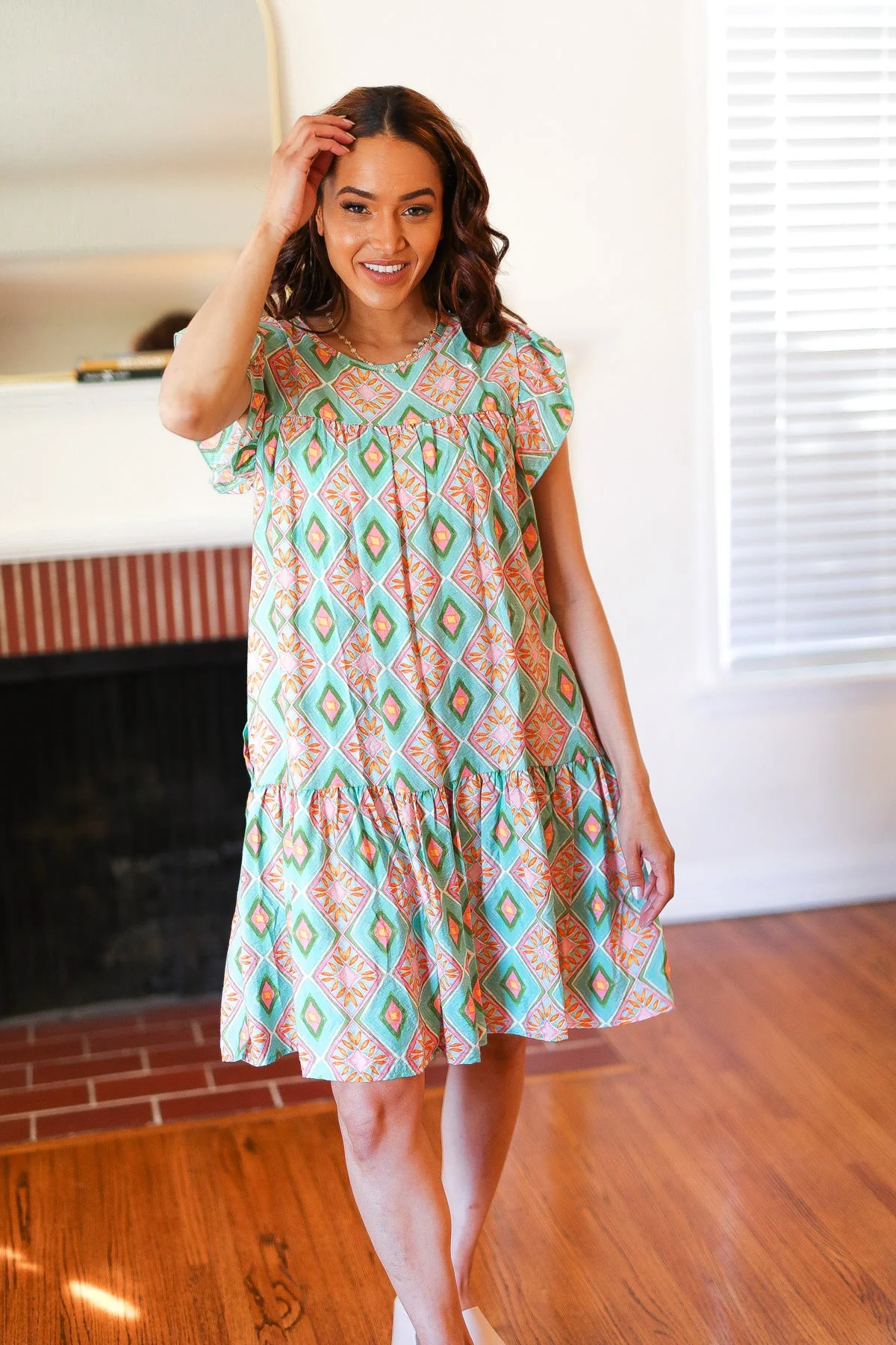 Mint Geo Boho Print Yoke Poplin Woven Dress - Image 3