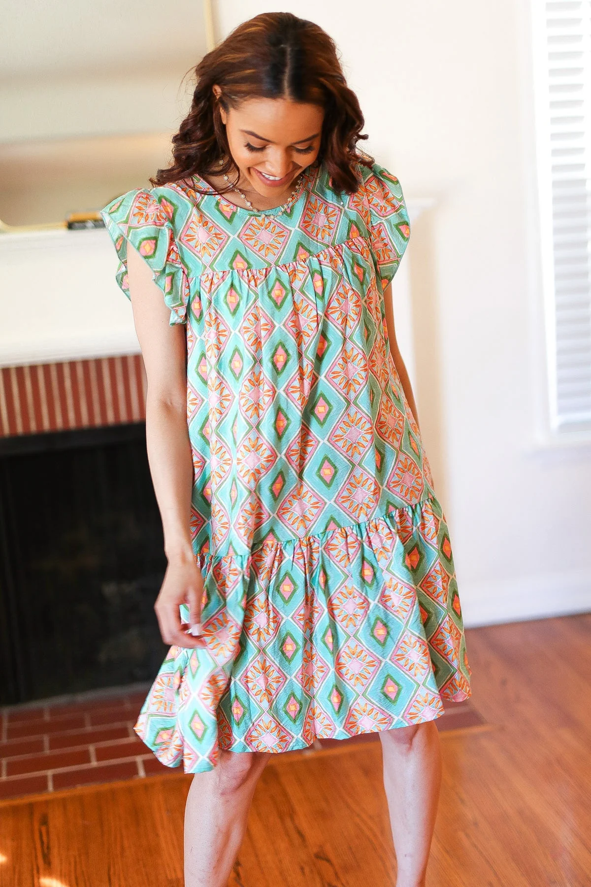 Mint Geo Boho Print Yoke Poplin Woven Dress - Image 4