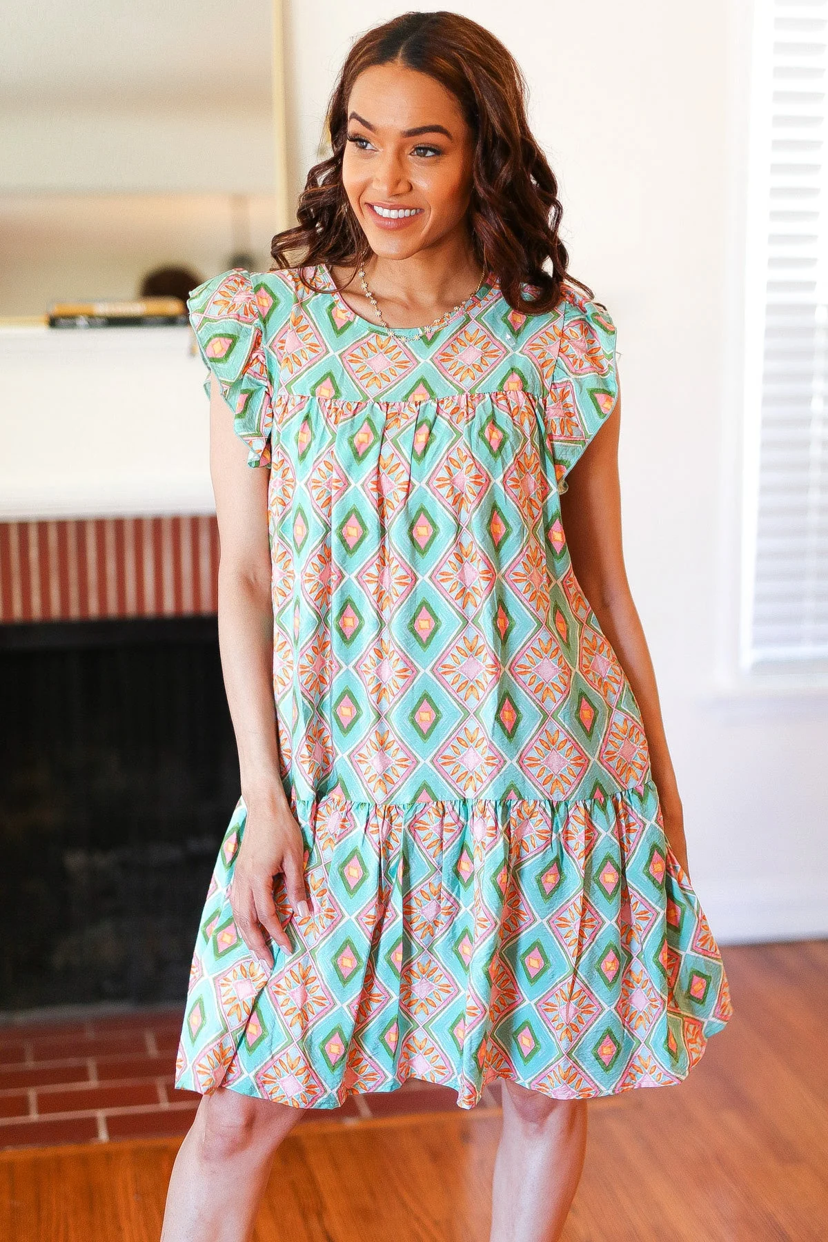Mint Geo Boho Print Yoke Poplin Woven Dress - Image 5