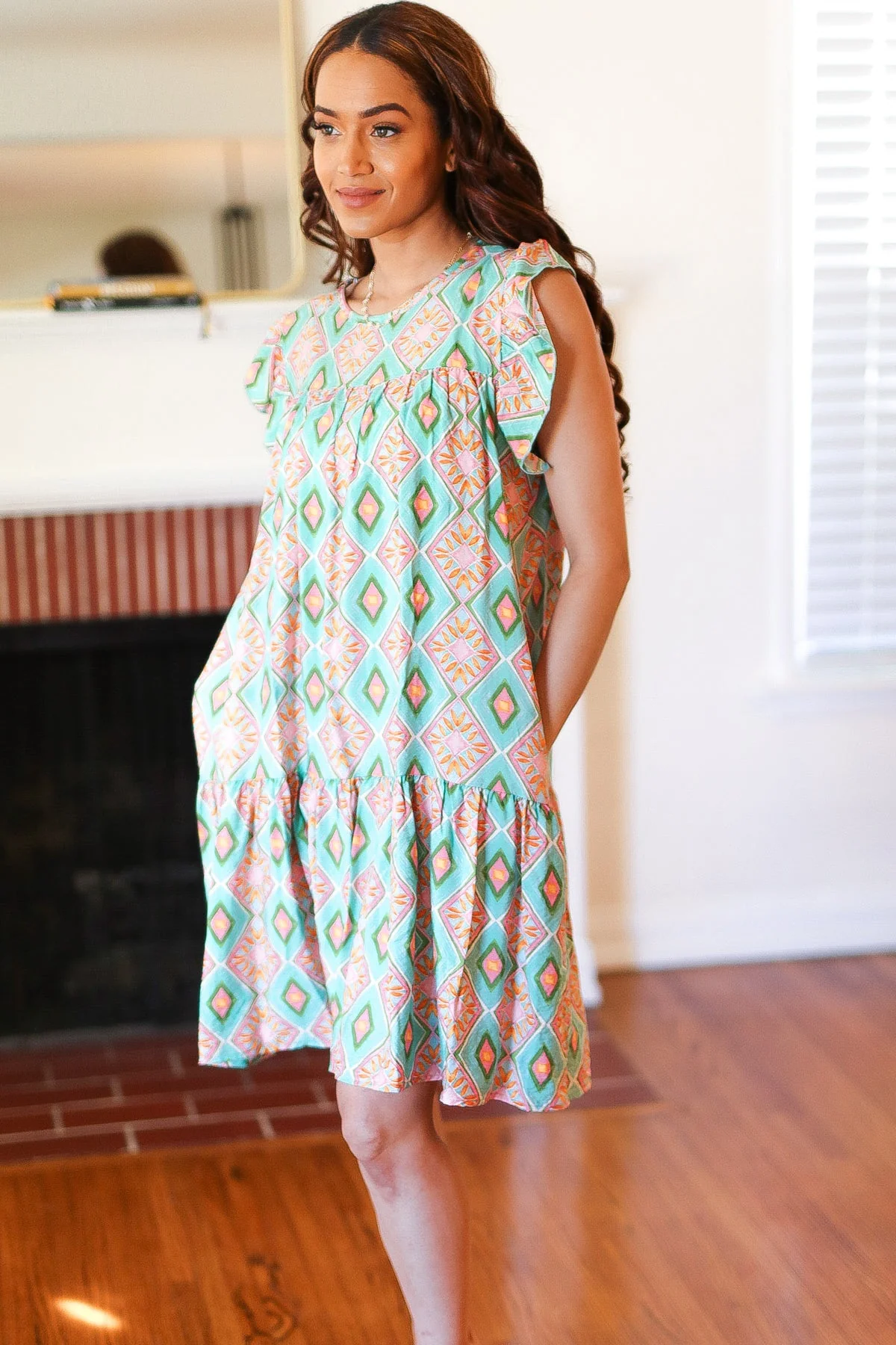 Mint Geo Boho Print Yoke Poplin Woven Dress - Image 6
